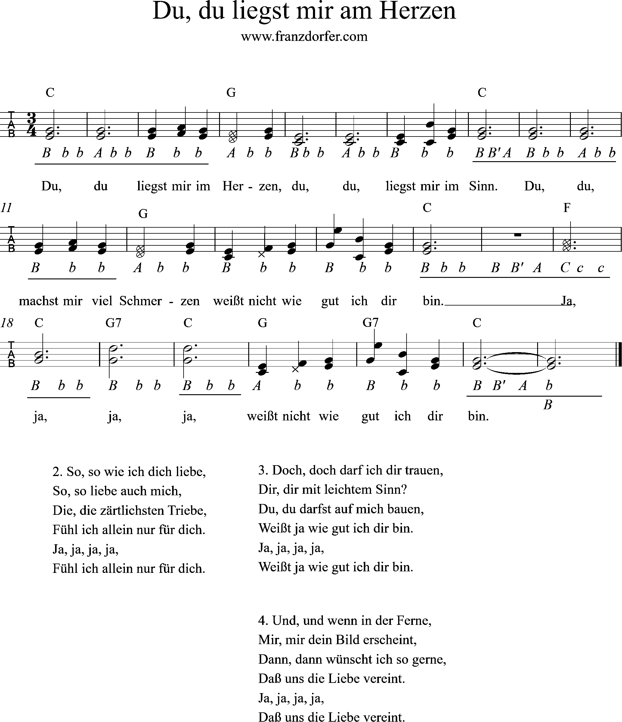 Ziachnoten, Griffschrift für Steirische Harmonika, Du, du liegst Griffschrift- Du, du liegst mir im Herzen